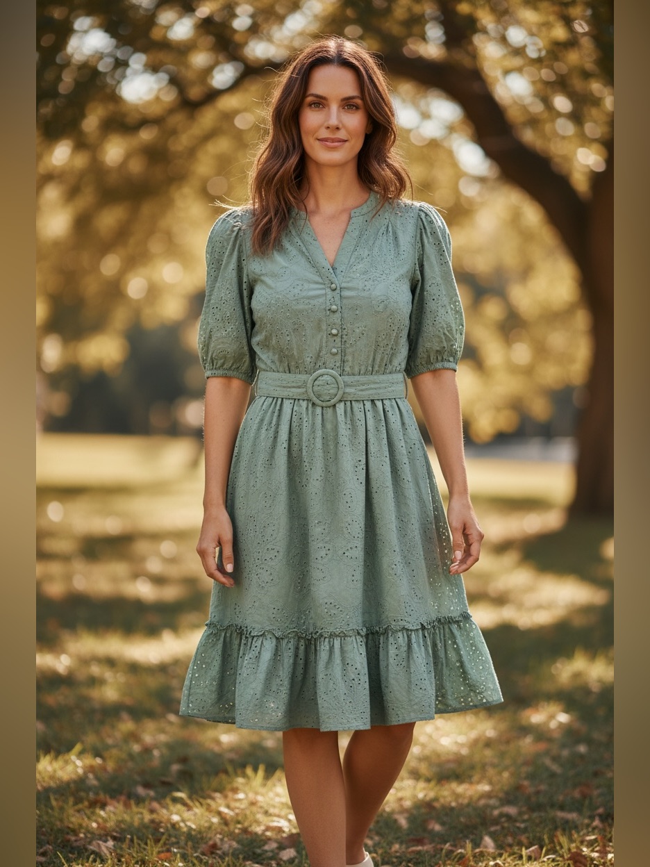 Joie Sage Green Eyelet Belted A-Line Casual Dress
